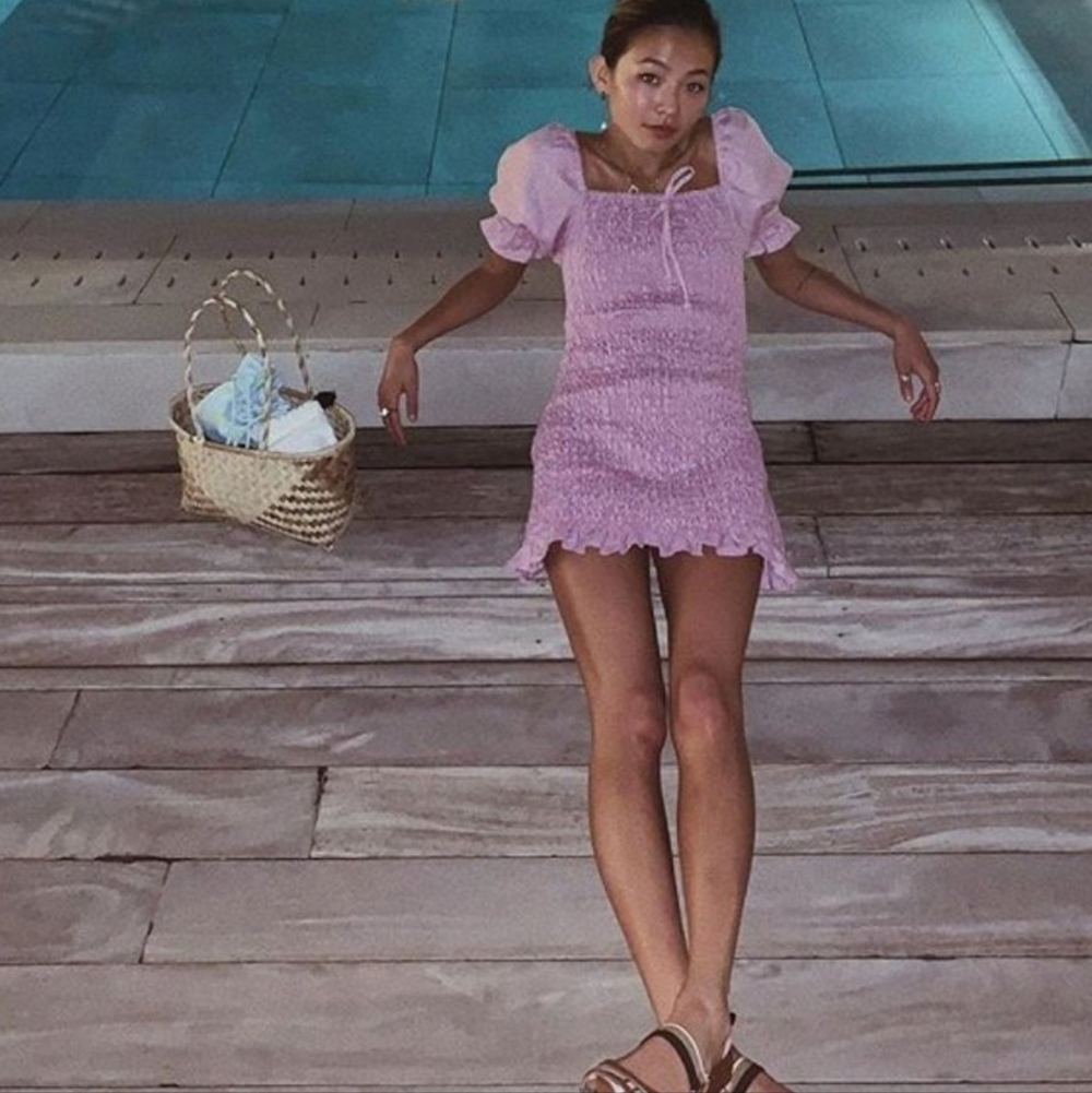 Faithfull the Brand Annibel linen Mini Dress Lilac Smocked Puff Sleeve Size 4